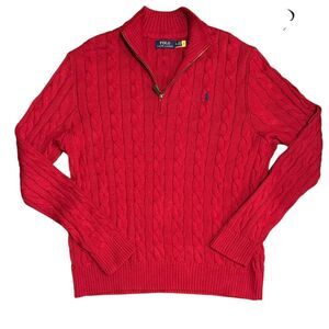 Polo Ralph Lauren Sweater Mens XL Red Cable Knit 1/4 Zip Pullover Cotton pony